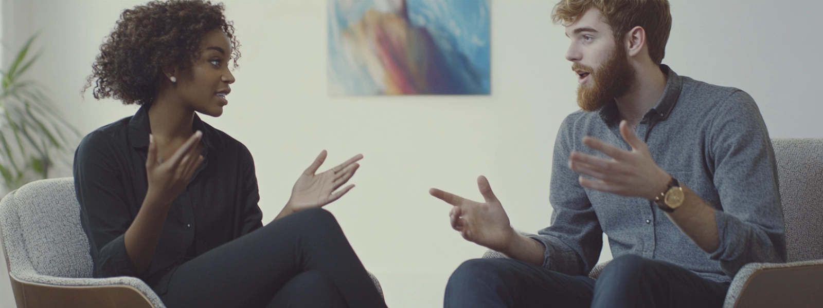 Two men sitting in a dark room with a light on the ceiling between them